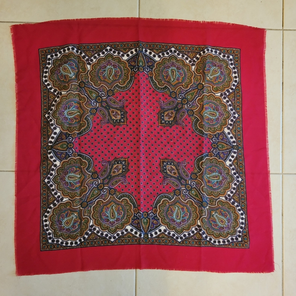 Challis by Berkshire Red Floral Paisley Italian Scarf Fringe 31" Square